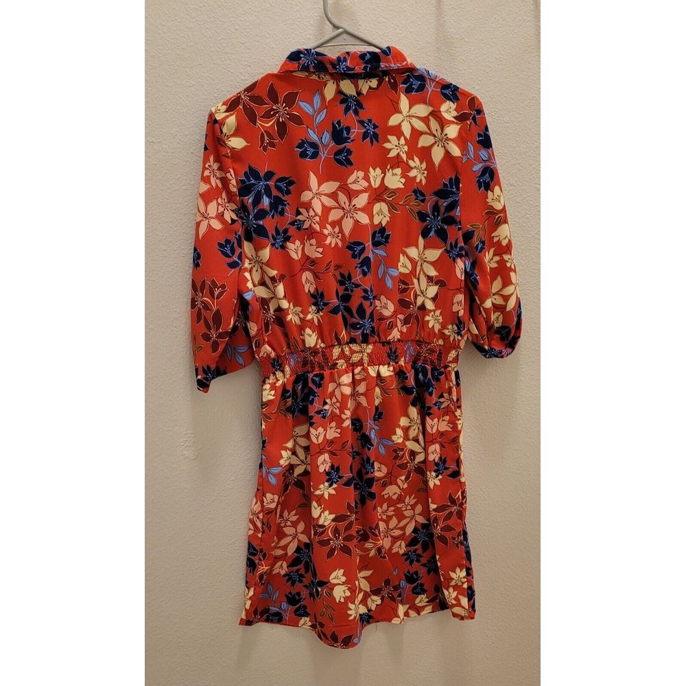 Millenium large women's red yellow blue floral Dress. Elastic Waist belt. Collar - Picture 2 of 7